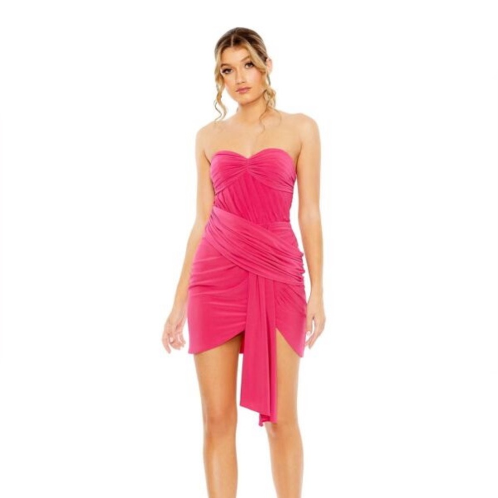 Mac Duggal Ieena 11565 mini draped dress asymmetric hot pink strapless 6 Small